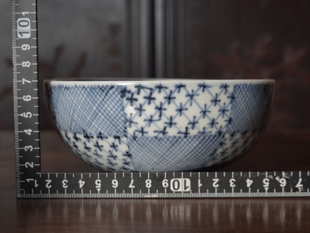 送料無料　江戸中期〜後期　古伊万里　染付　市松紋　鉢　盛鉢　菓子器　ボウル