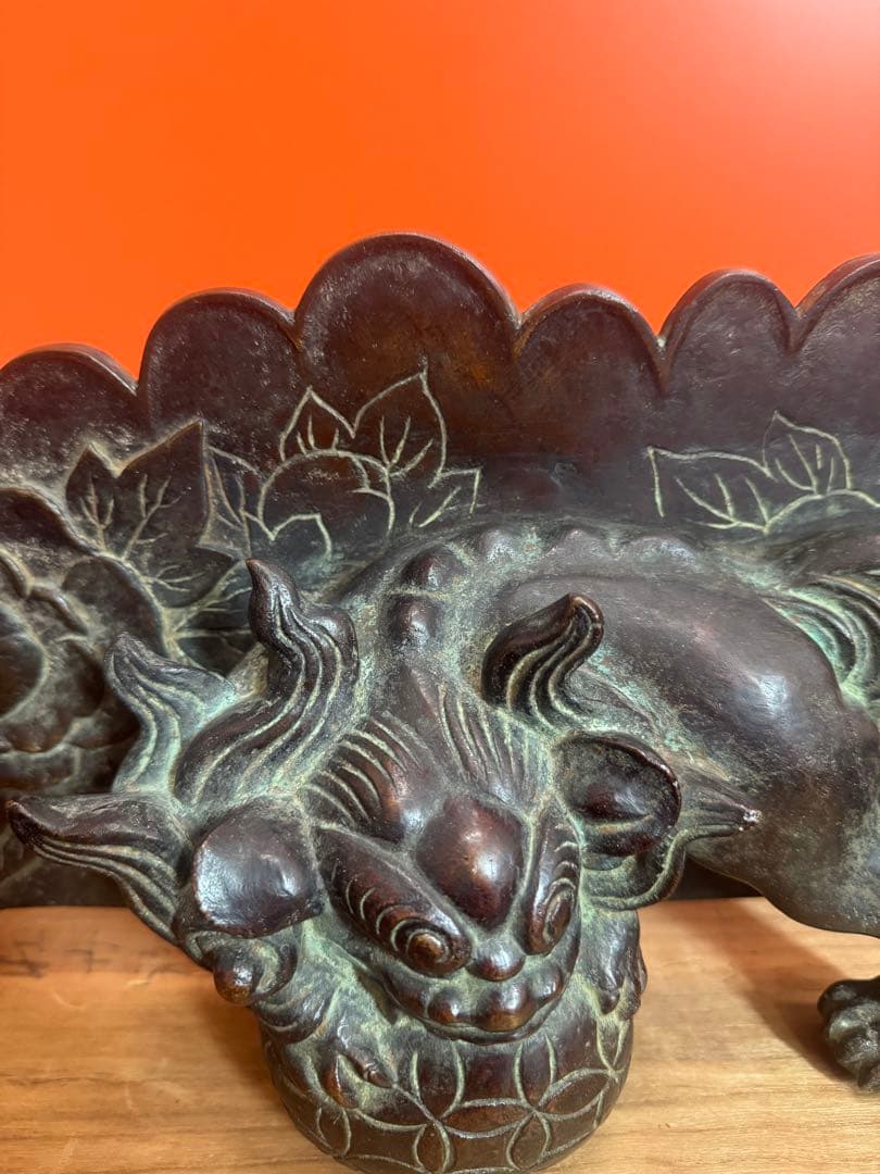 1737 名人 大国寿郎作 牡丹獅子置物 銅製 時代物