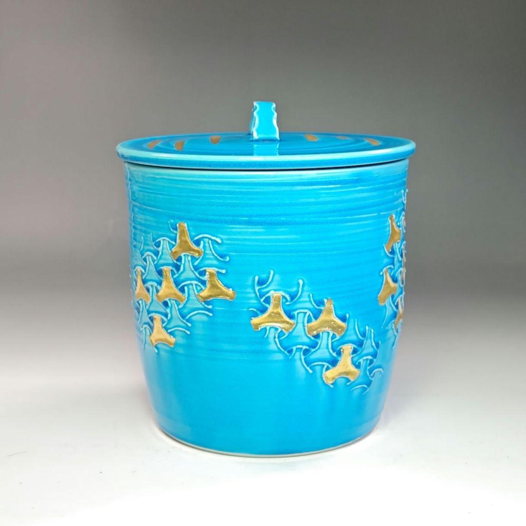 イ773 水指『平安 叶松谷造』『浅黄交趾こまつなぎ 水指 共箱』茶道具