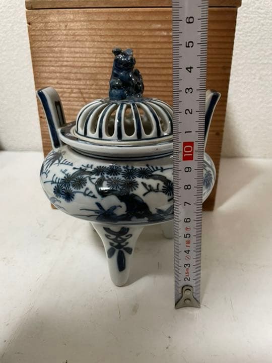 九谷焼　角福　染付香炉　三つ脚香炉