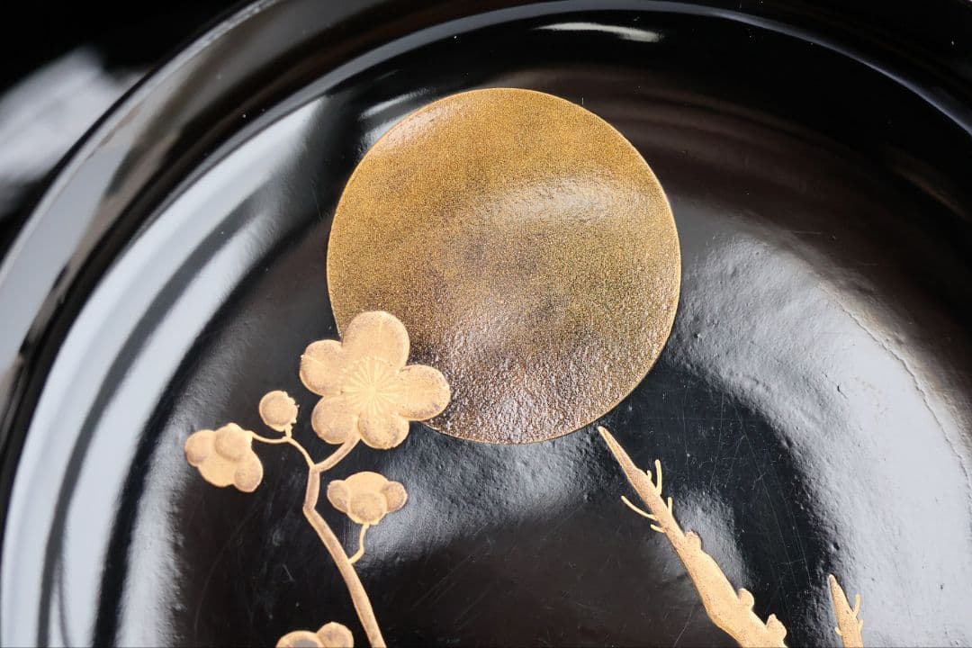 CM416】訳あり 天然木漆塗 月と梅 福寿草 金蒔絵 黒塗椀 五客 大正昭和