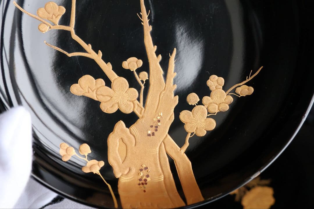 CM416】訳あり 天然木漆塗 月と梅 福寿草 金蒔絵 黒塗椀 五客 大正昭和