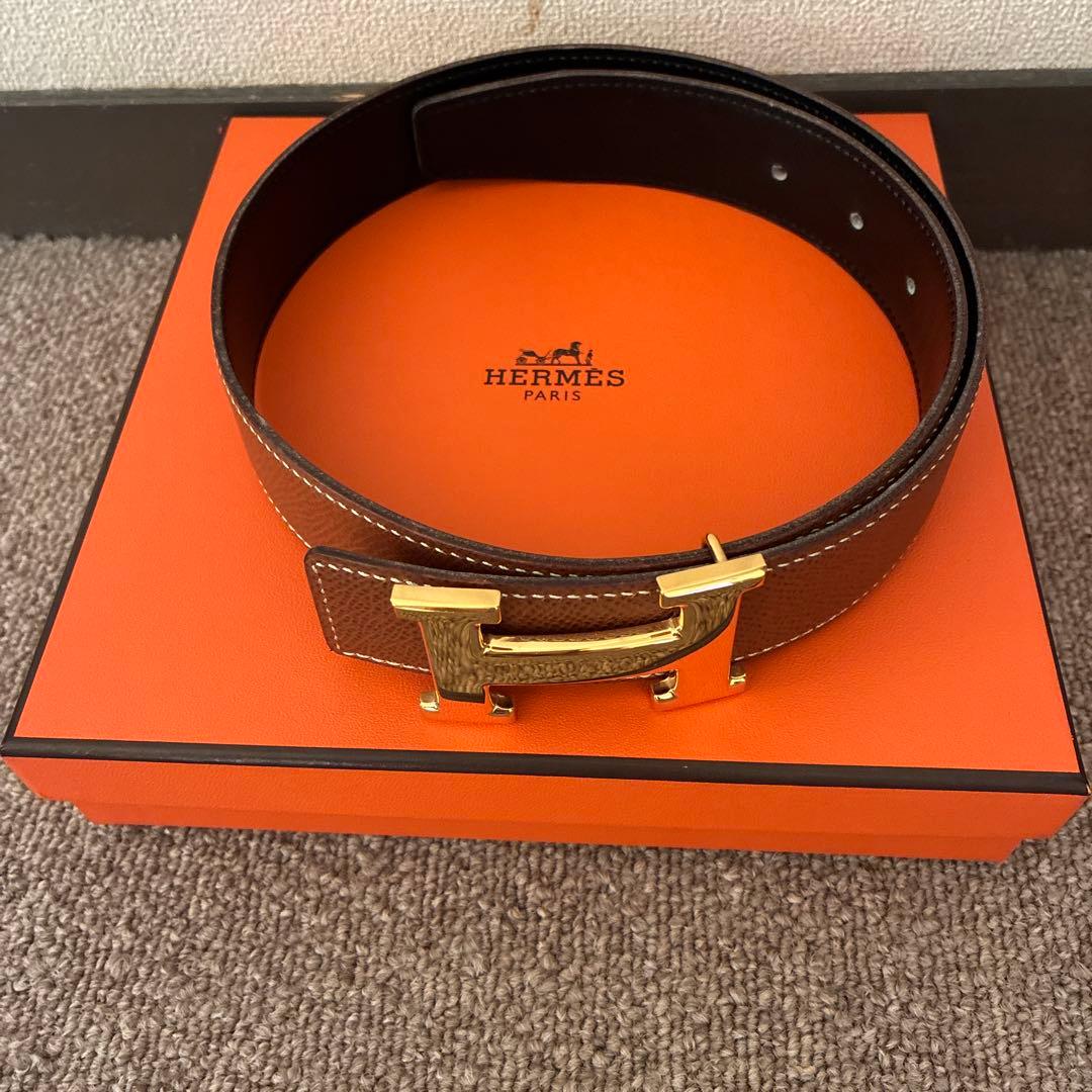 HERMES ブラウンレザーベルト ゴールドバックル - 小物割引