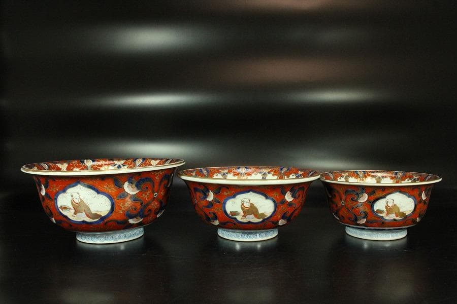 古伊万里 金蘭 模様 三重 鉢 碗 三件(K-XA727)