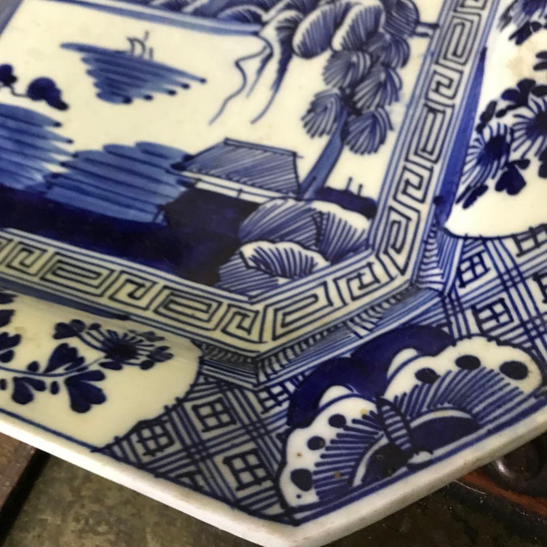 美品 古伊万里焼 染付け 角皿 山水図 飾り絵皿 年代物 藍