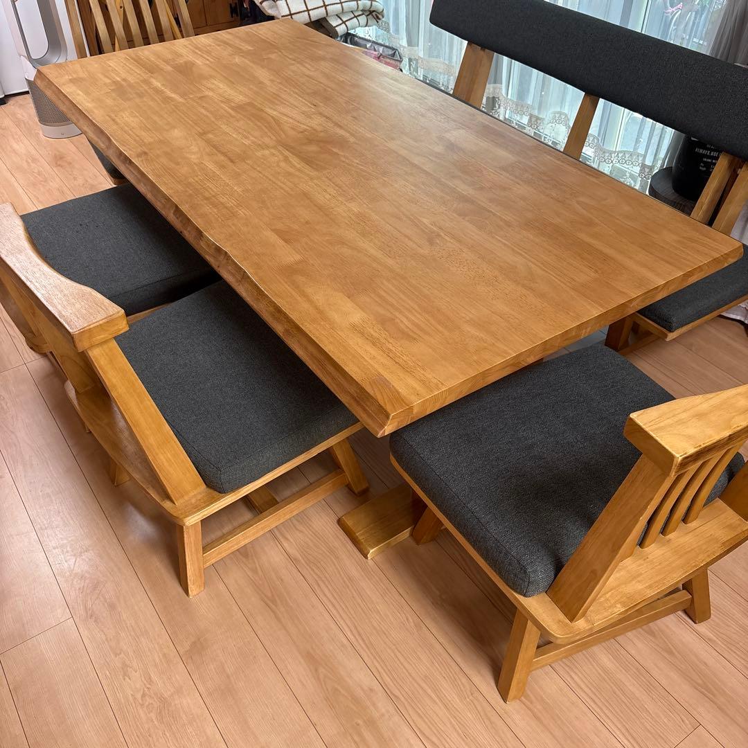 ※引き取り限定※『白王』無垢材180ダイニングテーブル6点セット回転椅子➕ベンチ