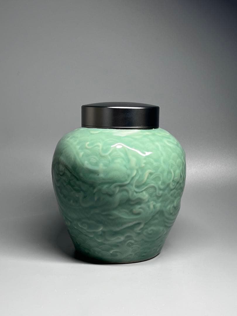 新品未使用　中国美術　茶筒　茶器　茶入れ　青磁　茶道具　龍鳳紋　置物