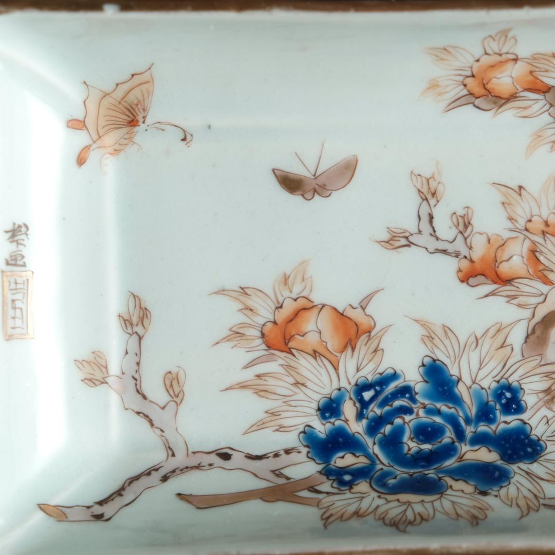 花と蝶々◇伊万里 花蝶文長方皿2客 刺身皿 芍薬