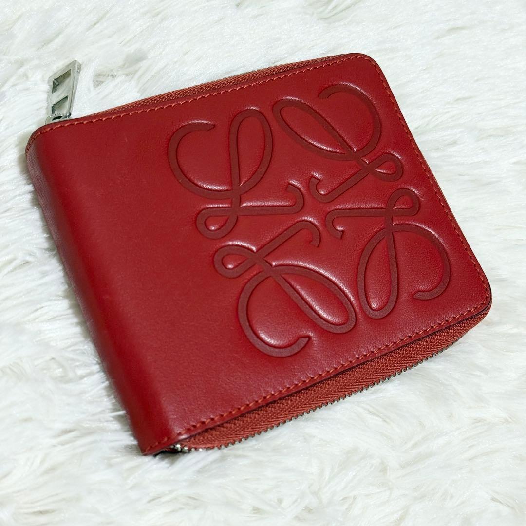 【美品】LOEWE アナグラム　デカロゴ　コンパクトウォレット　レッド ロエベ コンパクトウォレット レッド/ピンク レザー レディース 財布