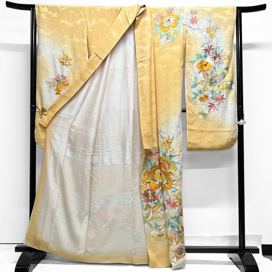 セミアンティーク 金駒刺繍 刺繍 牡丹 菊花 霞地紋 振袖 着物 094w p