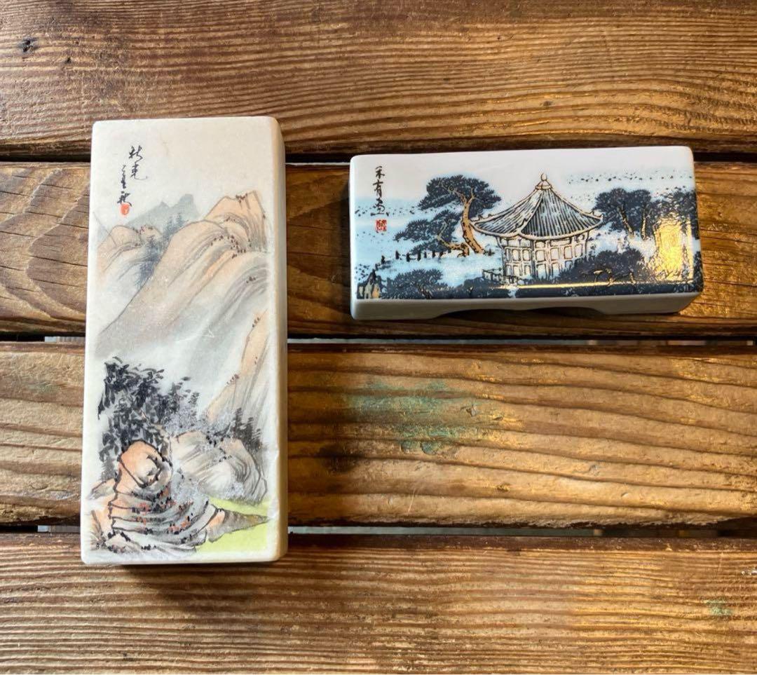 中国民国時代 政治家祭元培 使った書道具 花鳥人物老端砚