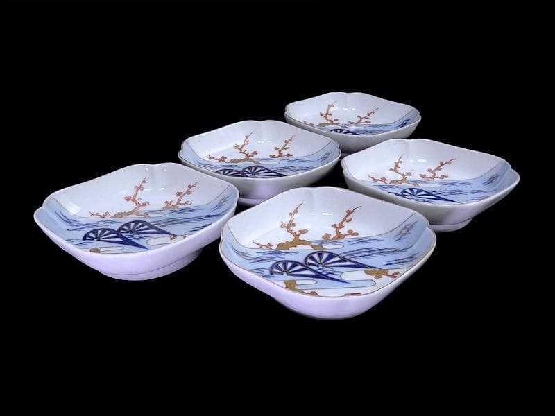 古伊万里 染錦 青海波に梅の図 菱形変形皿 5客 534AS-