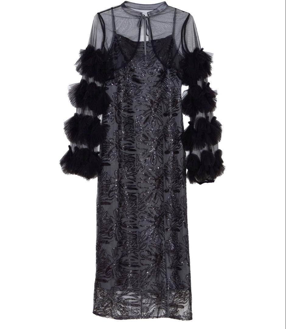 Leja フリルチュールスリーブリボンIラインワンピースドレス　ブルーブラック