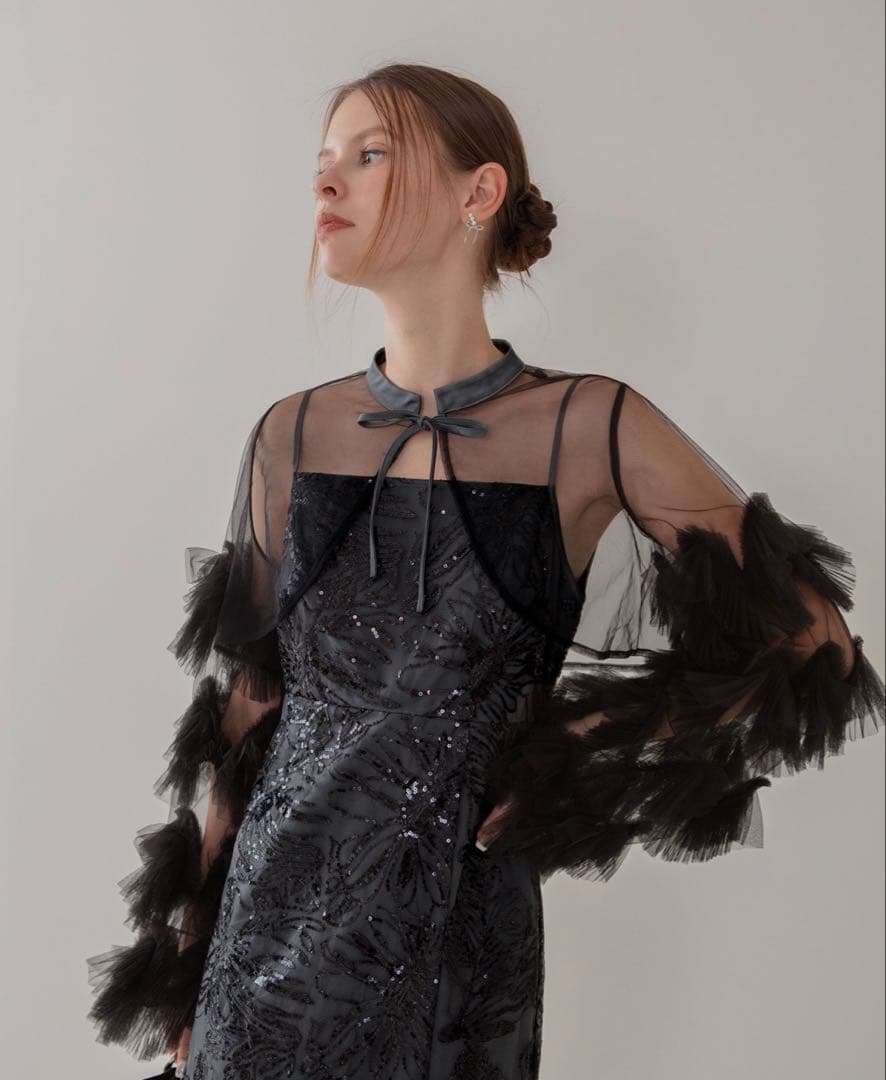 Leja フリルチュールスリーブリボンIラインワンピースドレス　ブルーブラック