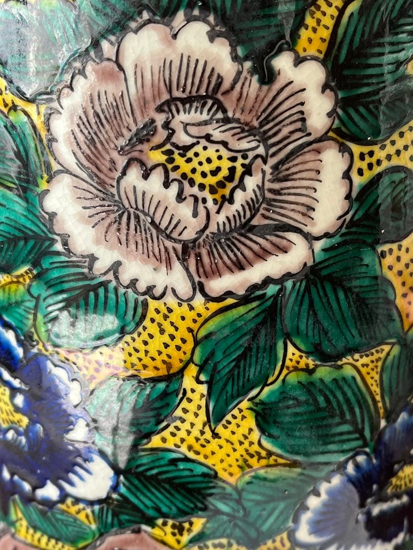 九谷焼 花瓶 手描き 骨董 角福 牡丹 花模様 美品