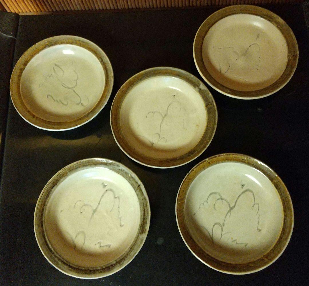 骨董 明治の酒津焼　秋草芒に虫の図　丸皿四枚！渋い