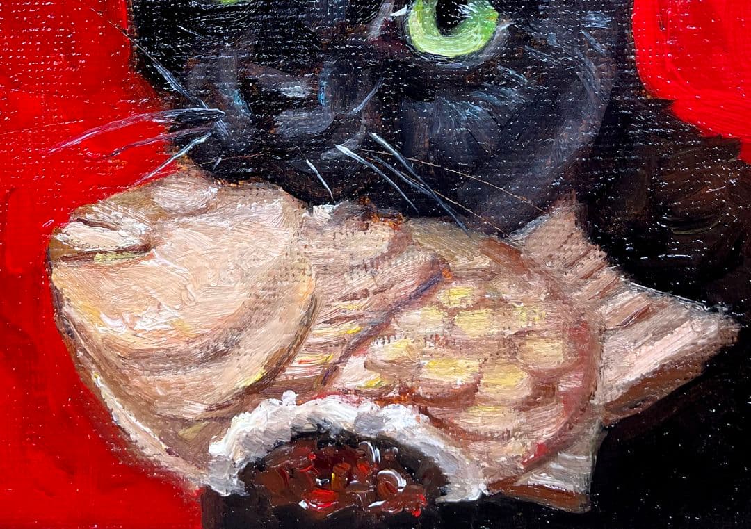 黒猫と鯛焼き 油彩画 絵画 原画 オリジナル 油絵