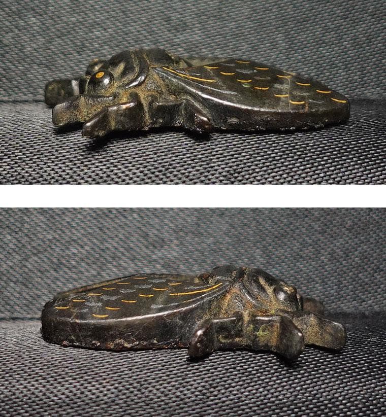 赤銅地容彫蝉図目貫　無銘　高肉彫　金銀象嵌　毛彫　再生復活　cicada　蝉時雨