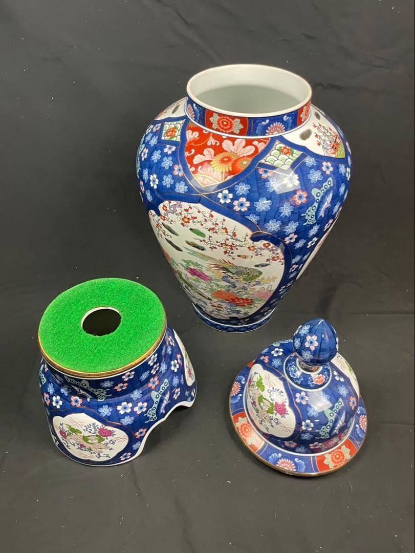 有田焼 金龍堂 博山作 特大沈香壺 落款付 花鳥図 獅子 雉 唐草