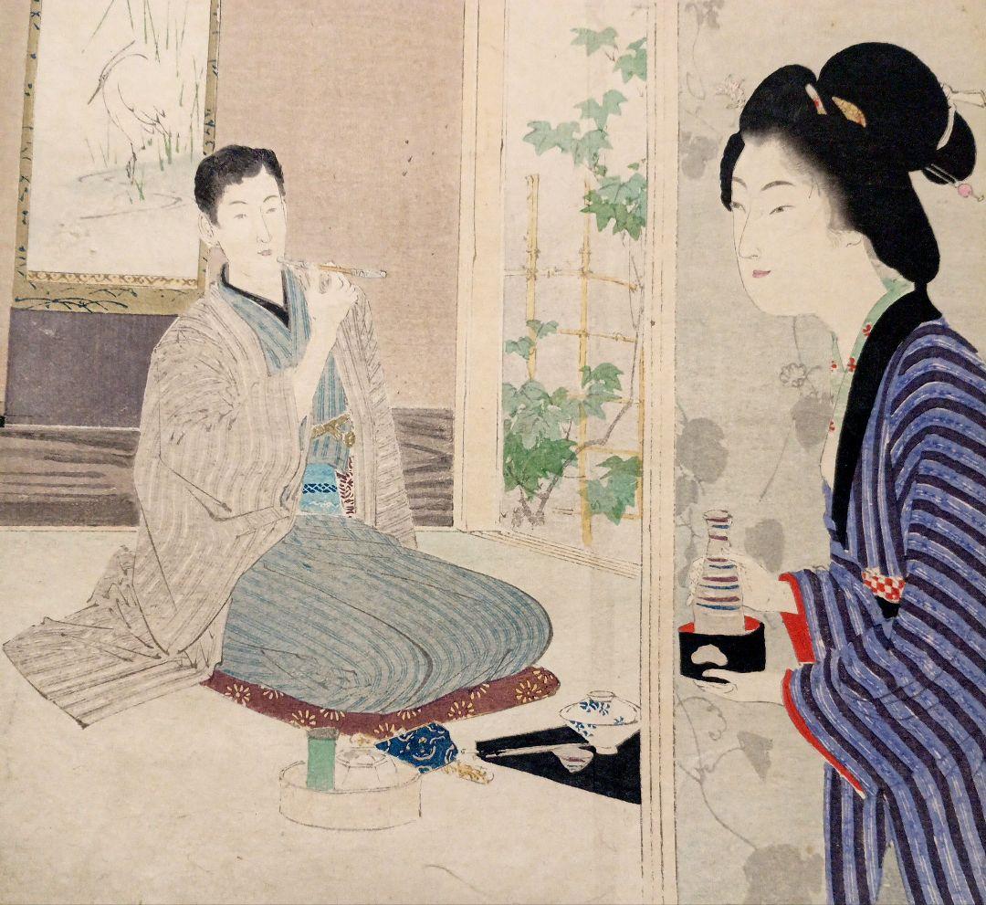 小説の口絵版画水野年方3枚、梶田半古1枚、富岡永洗1枚の5枚売り明治期