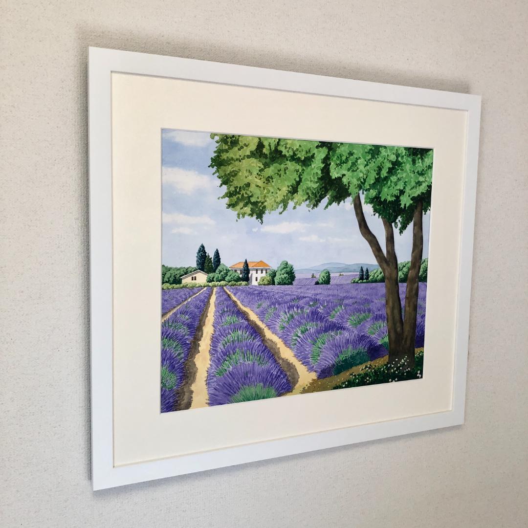 透明水彩画　原画　「ラベンダー・遥かなる大地」額縁付　F10サイズ　風景画