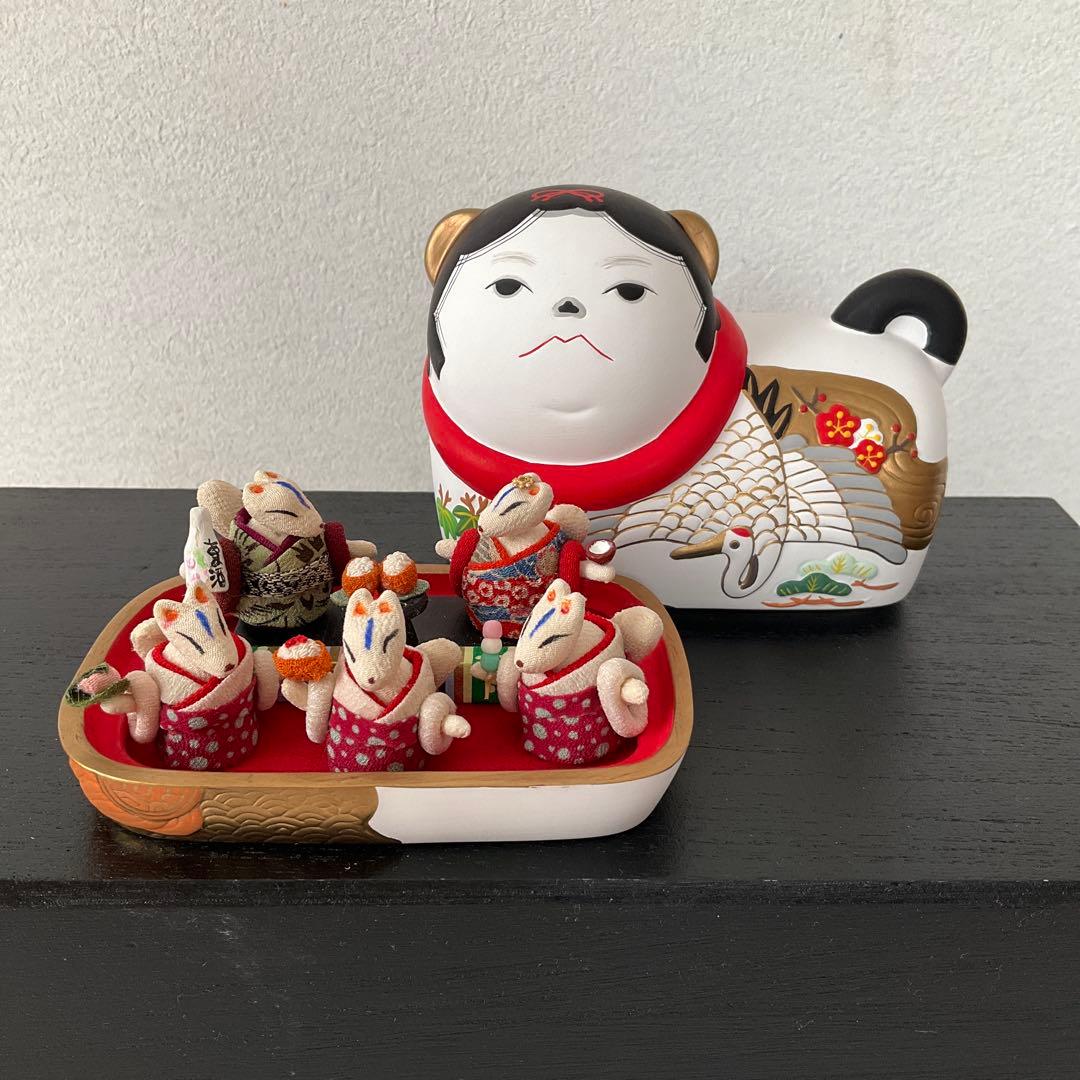 キツネのお雛様　ミニ雛 創作縮緬人形　ひな祭り　 犬筥