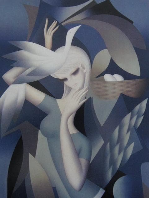 東郷青児、鳥と少女、希少な大判額装用画集より、新品高級額装付、状態良好