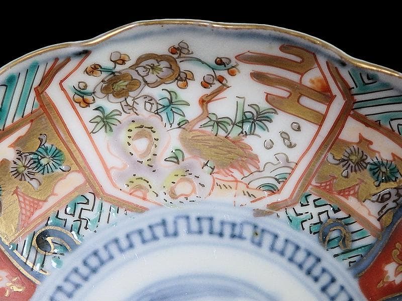 古伊万里金襴手鶴に松竹梅の図4寸皿2枚E355AS-CBq