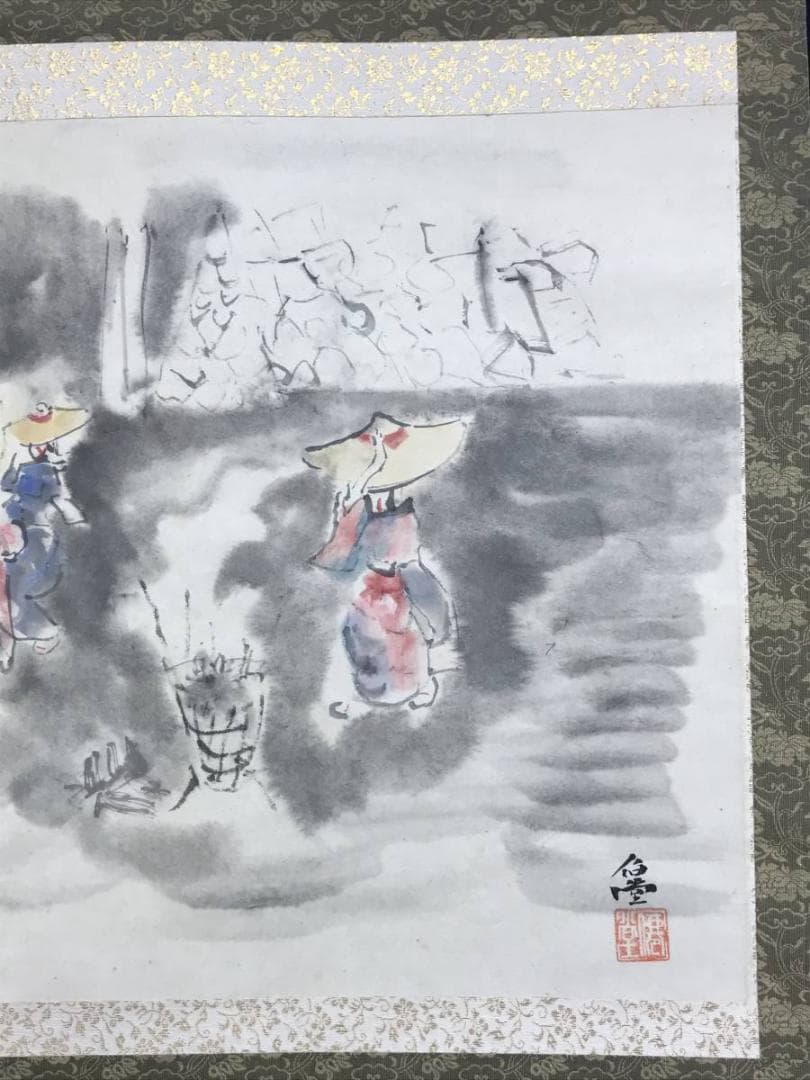 【真作】伯堂/僊堂/豊年踊り図/人物図/掛軸☆宝船☆AD-397