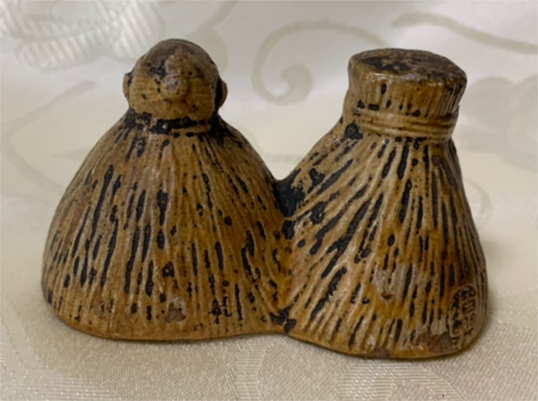 水戸 偕楽焼 農人形 在印 年代物