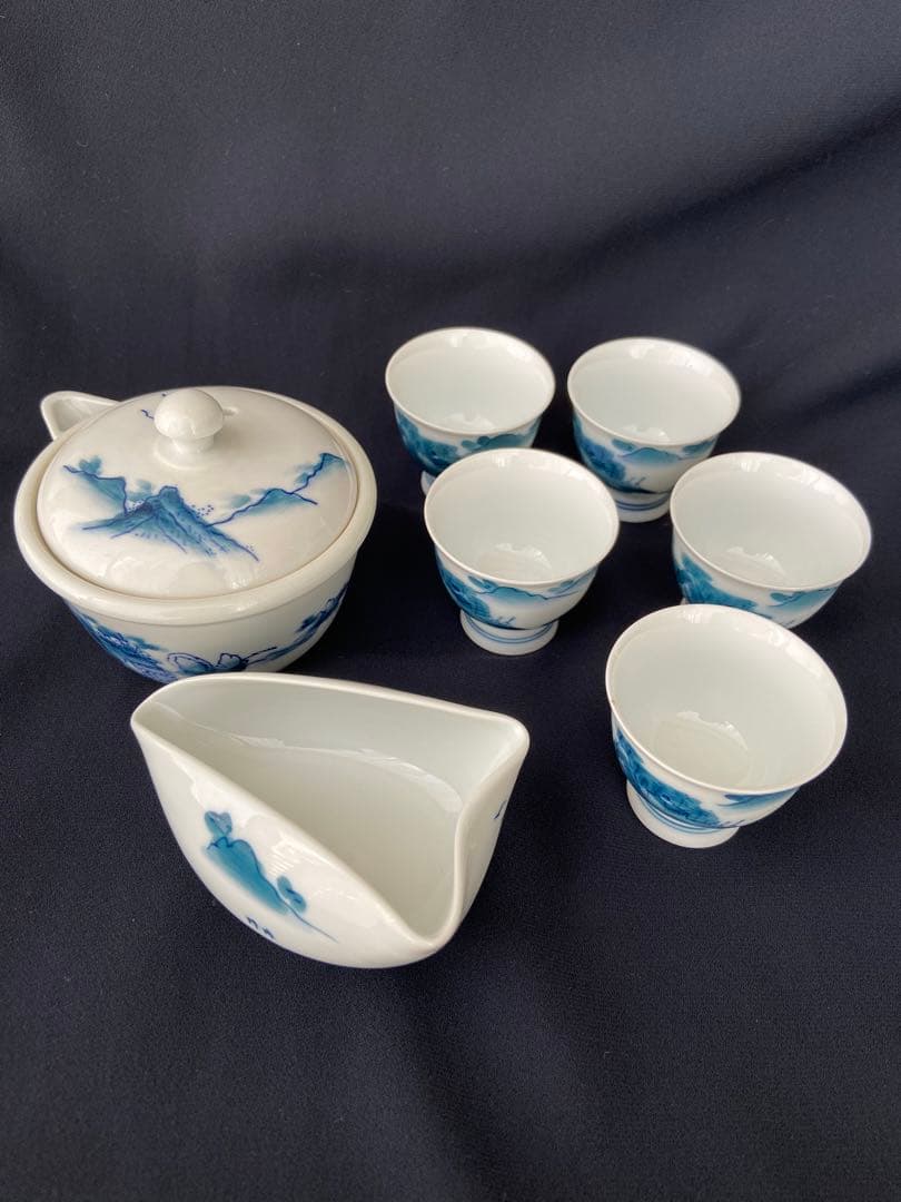 畑萬陶苑 畑萬作 角萬印 染付山水絵 茶器セット 玉露茶器 煎茶器 松山窯 畑萬陶苑 畑萬作 角萬印 染付山水絵 茶器セット 玉露茶器 煎茶器 松山