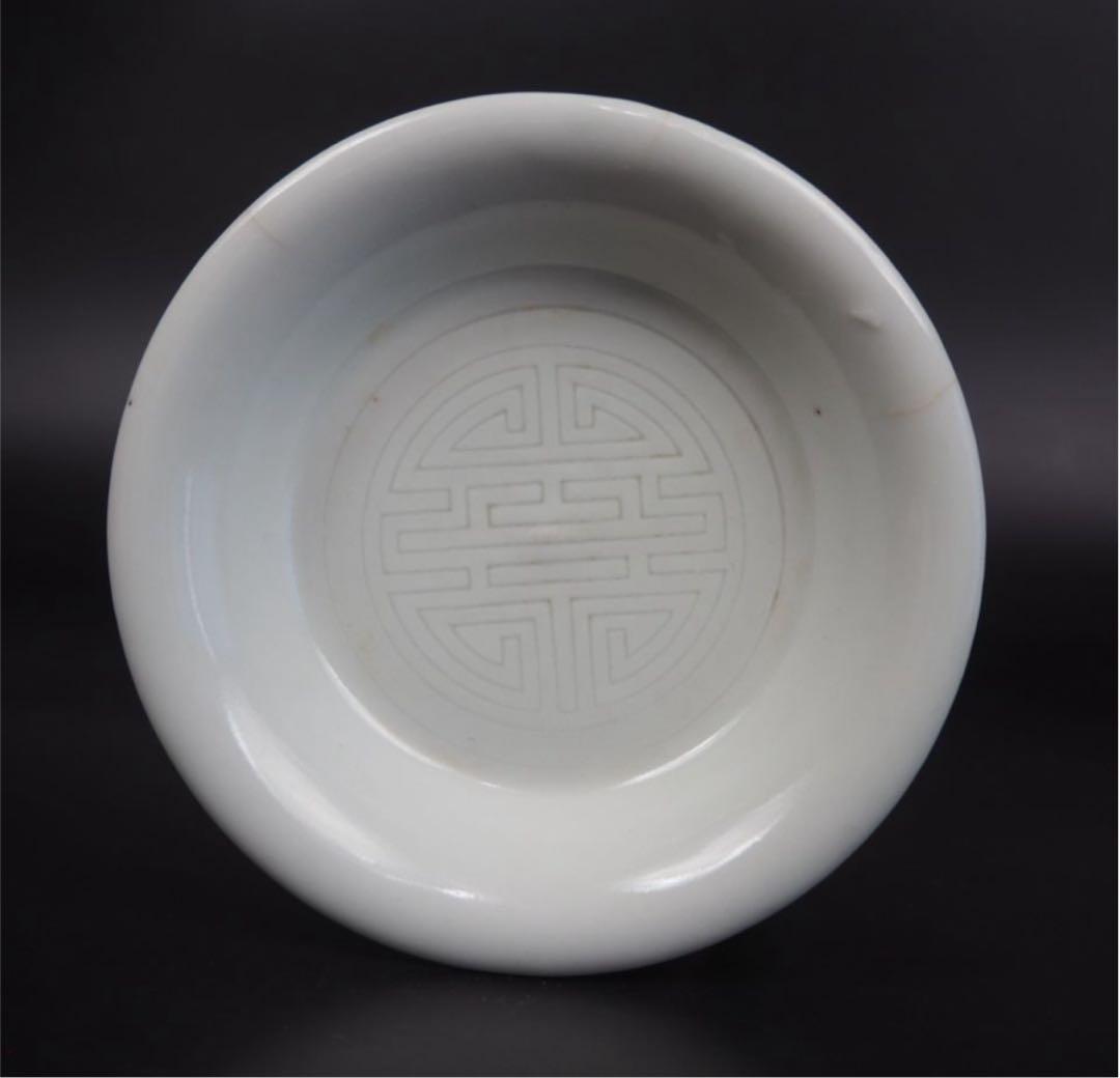 送料無料 清時代 南京白磁陰刻双喜小皿5枚 中国古玩