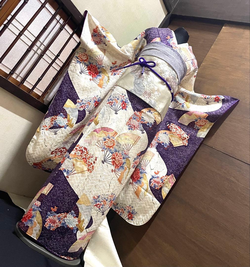 振袖 フルセット５点特価　サイズM正絹　 扇子花文　刺繍西陣袋帯 振袖 セット 未仕立て 仮絵羽 黄 イエロー 菊 梅 竹笹 花 正絹 西陣織