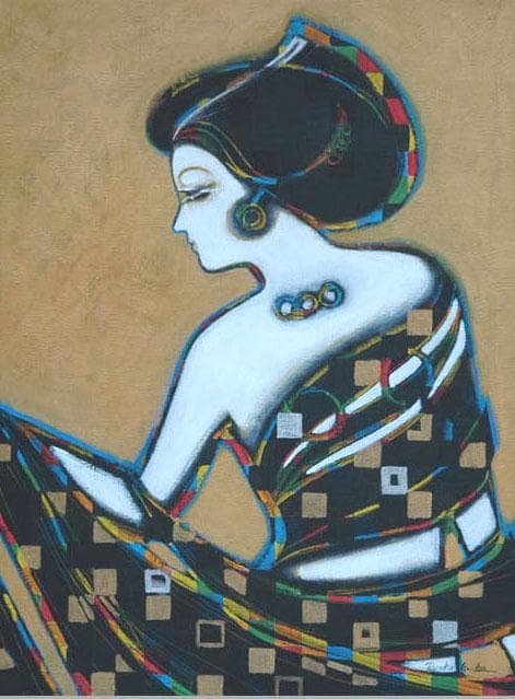 油絵 菅家令子 絵 絵画インテリア額付(黒) uF6-010311 人物 女性像