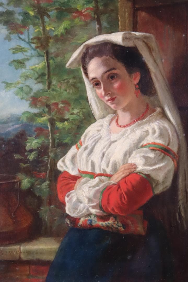 真作保証 19世紀古画 J.W. Chapman 「婦人像」油彩4号 1888年