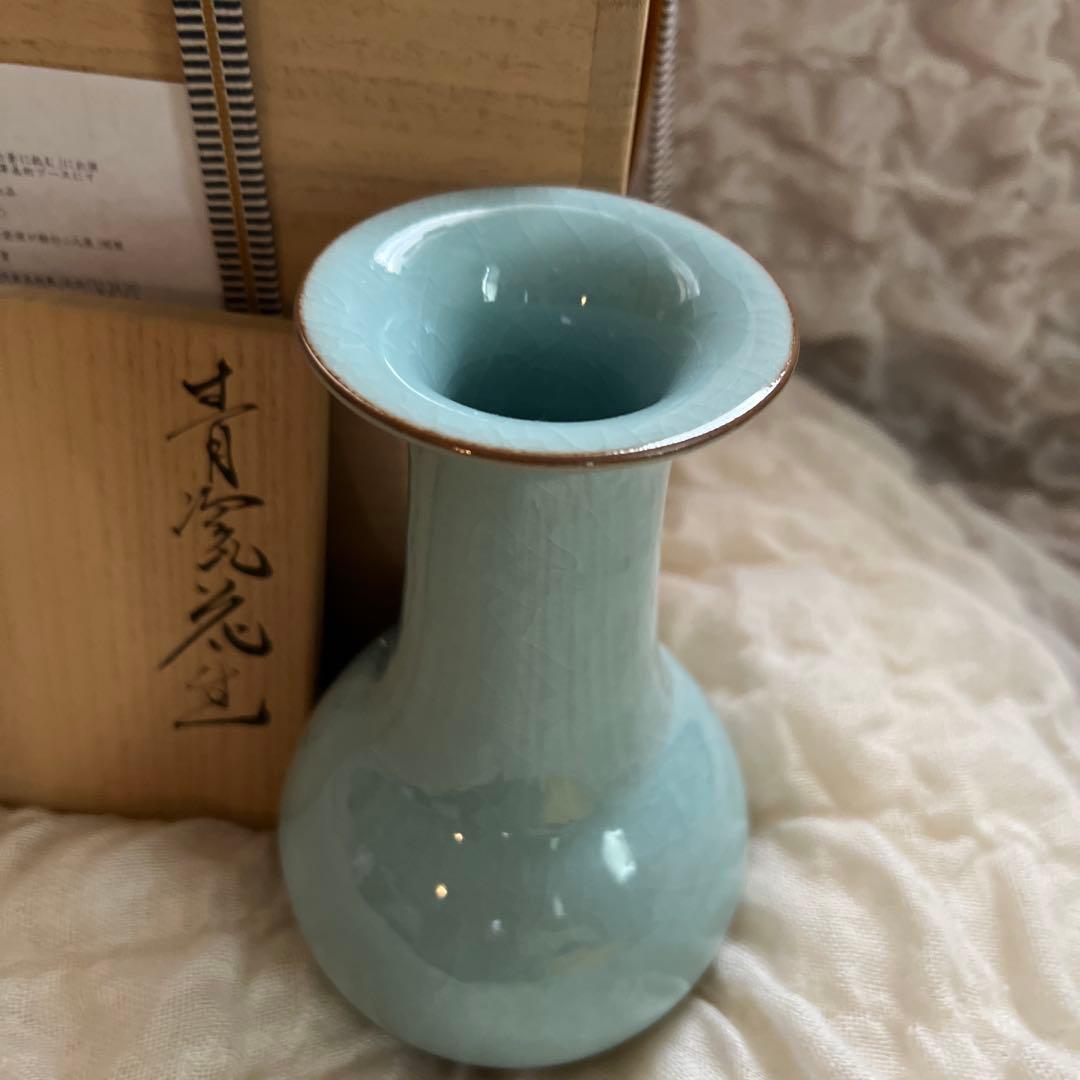浦口雅行 青窯 花器 陶器 青色 木箱付き