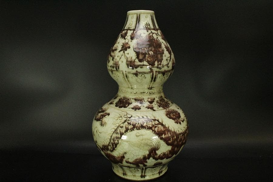 中国美術 釉裏紅 龍紋 瓢形 瓶 高43cm(LC597)