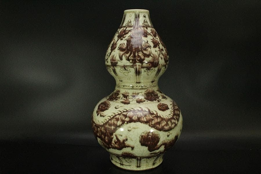 中国美術 釉裏紅 龍紋 瓢形 瓶 高43cm(LC597)