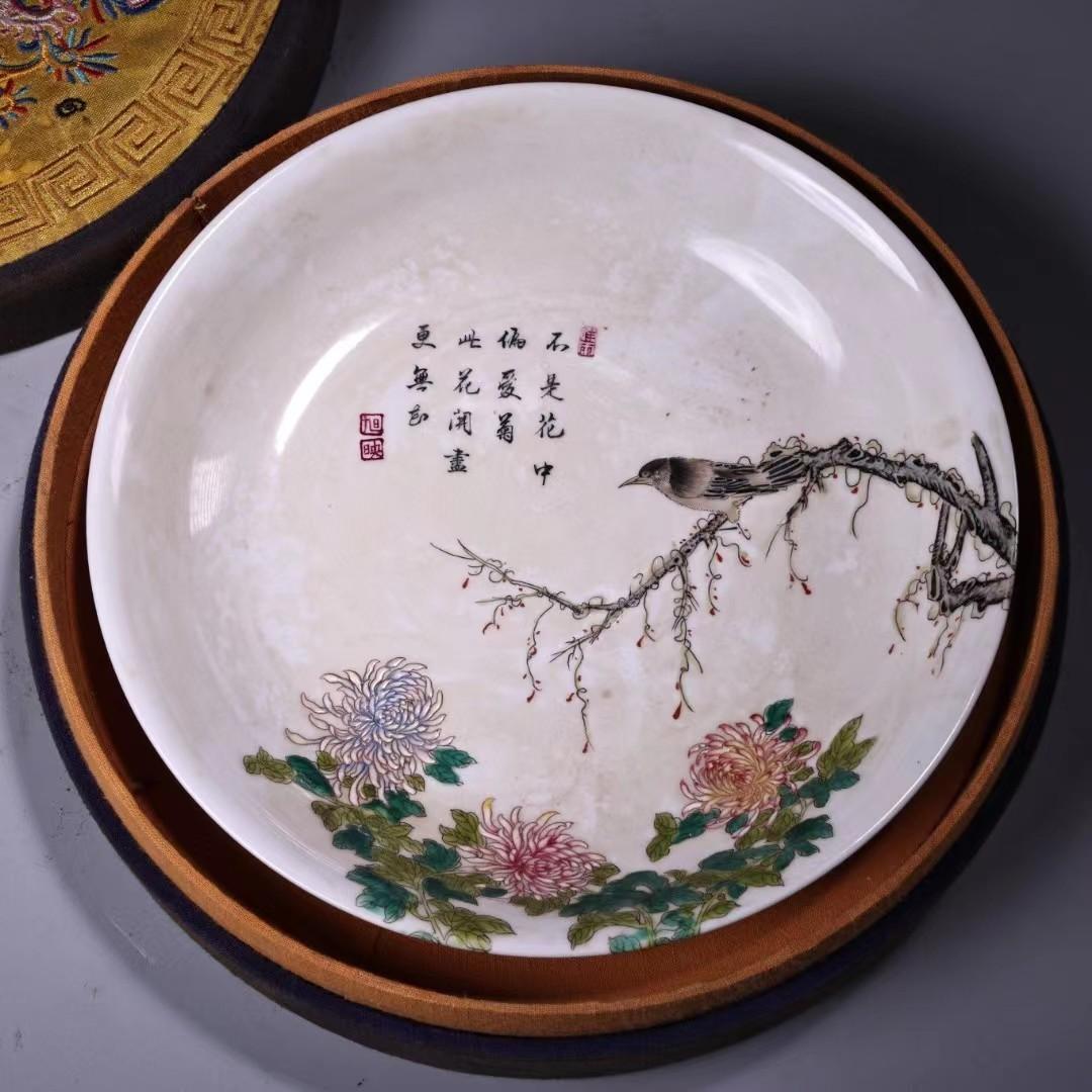 中国古美術・珍蔵粉彩・花鳥絵陶磁器の中皿・純手描き・木箱付・文房具