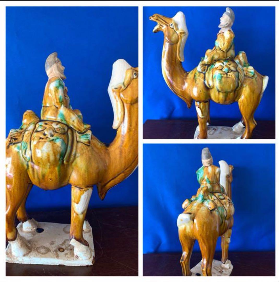 中国　唐時代　古美術 唐三彩駱駝上人物像共 箱、共布付き