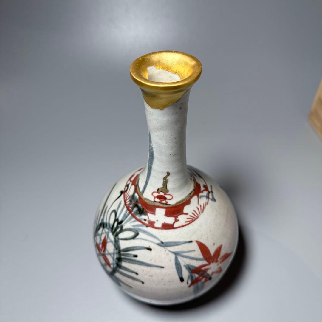 古伊万里 染付パイナップル文様 大徳利 花器 共箱 高さ22cm 江戸期 金