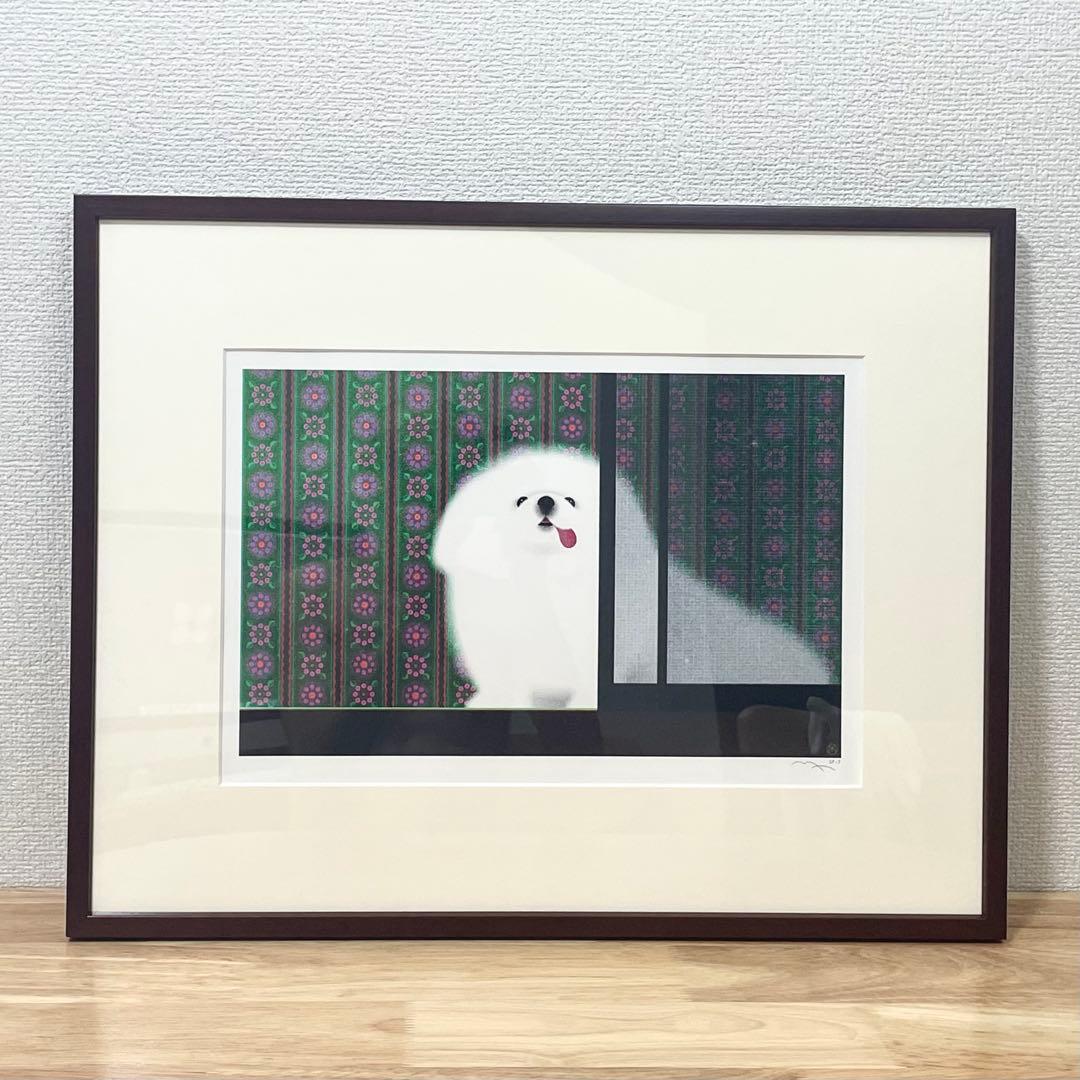 アサバマリエ 「網戸とペキニーズ」 サイン入り ジークレー版画 ジクレー 作家 アサバマリエ 「網戸とペキニーズ」 サイン入り ジークレー版画