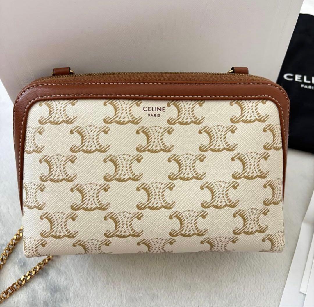 美品　セリーヌ　チェーン　クラッチ　トリオンフ　キャンバス ラムスキン