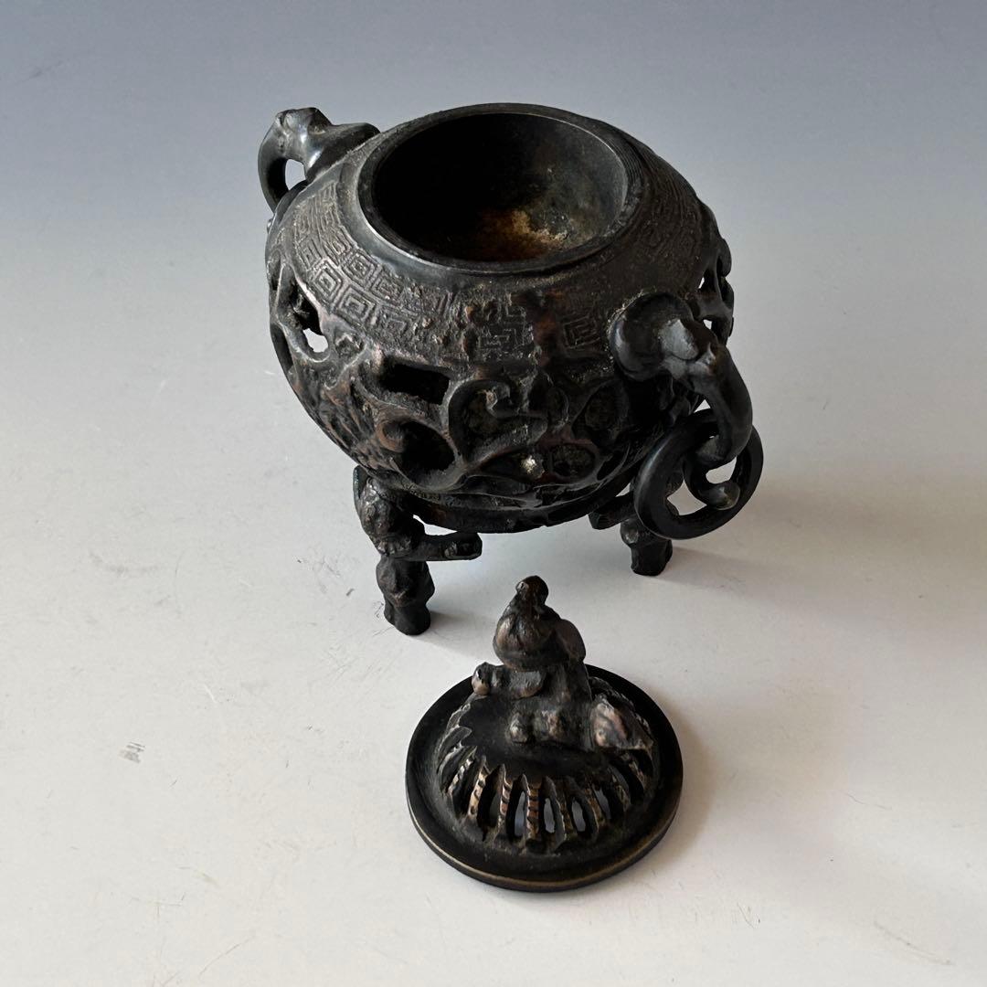時代　唐銅　透かし　香炉　獅子摘み　遊環　骨董　アンティーク　古玩　工芸