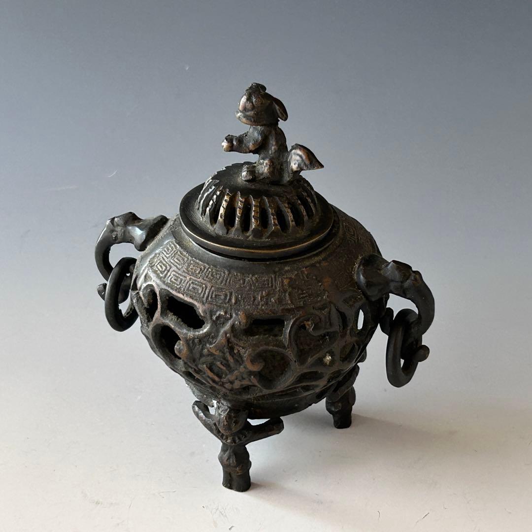 時代　唐銅　透かし　香炉　獅子摘み　遊環　骨董　アンティーク　古玩　工芸
