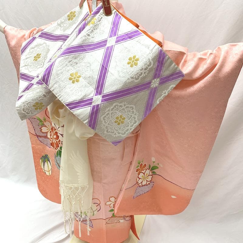 507ag51□七五三 七歳 女児 着物&袋帯＆長襦袢 金彩 毬 桜□状態良好