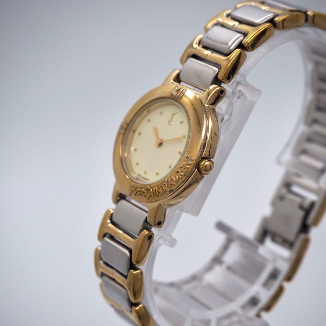 62 稼働 イヴサンローラン 時計 レディース コンビ ラウンド ゴールド
