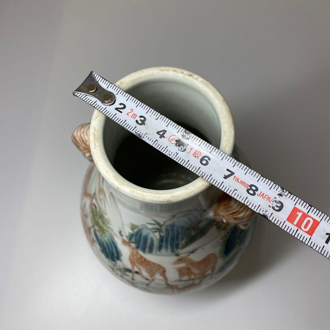 専用　中国清時代大清乾隆年製粉彩鹿の図花瓶　高さ21.3㎝東Y7-0314☆2F