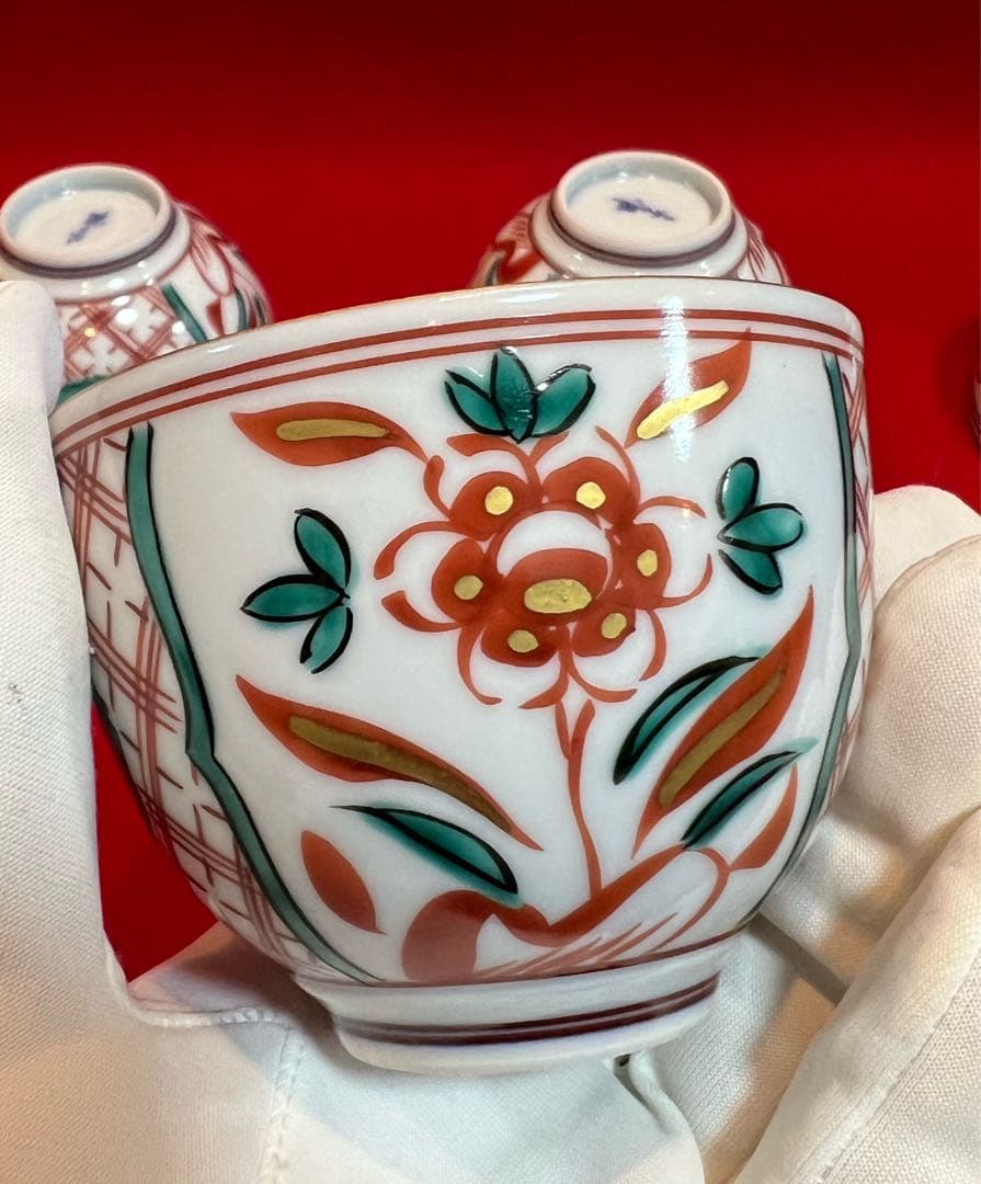 京焼 清水焼 薄胎 赤絵貼金 汲出碗揃五客 陵泉造　茶道具