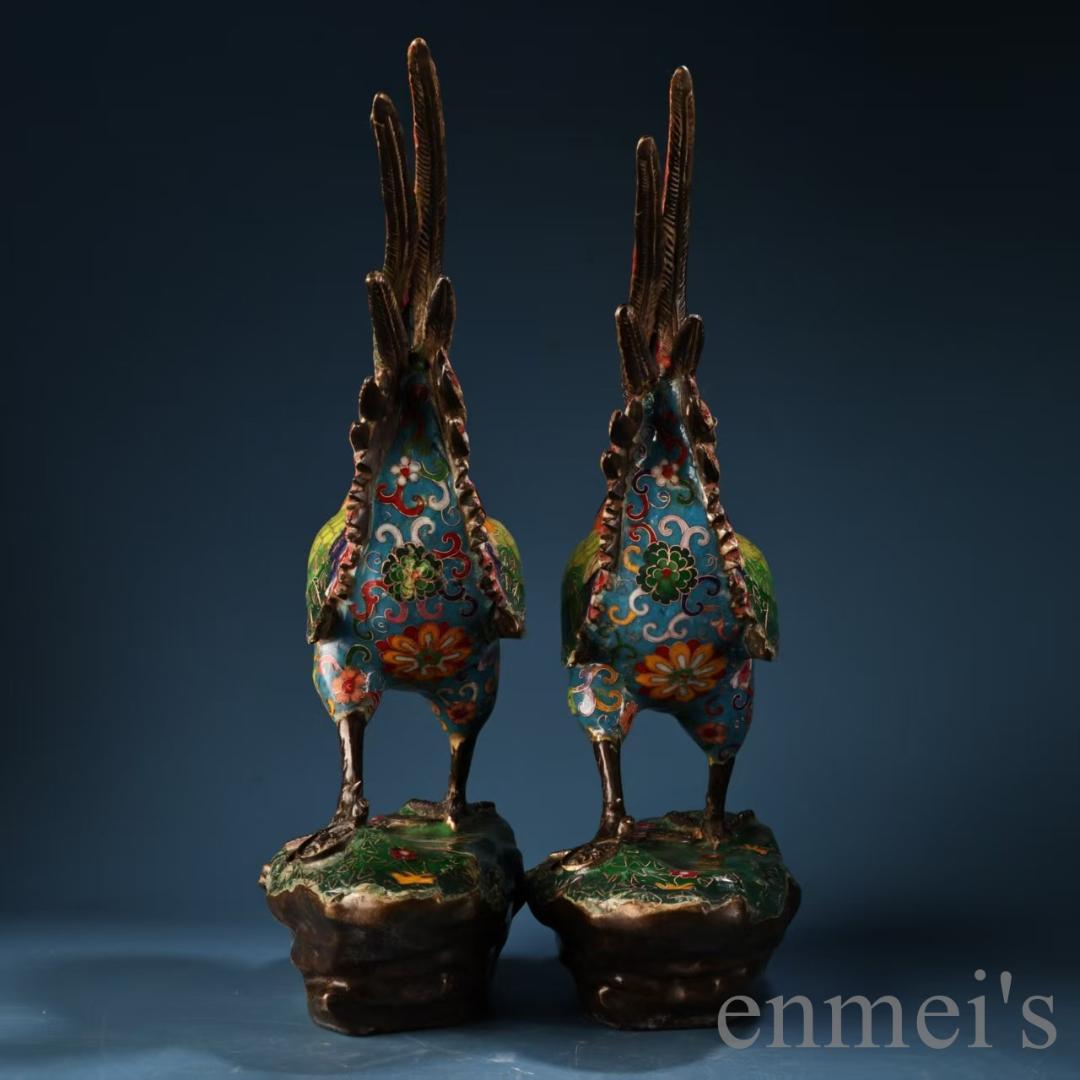 中国古美術 旧蔵 七宝焼き 琺瑯 景泰藍 公鶏一対 純銅 高浮彫鏨